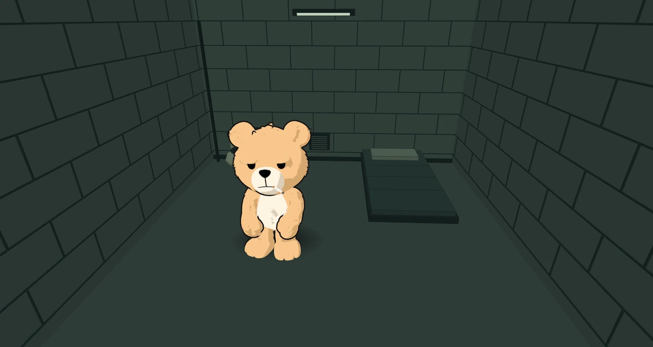 Peach-colored Teddy with his ivory muzzle and white cigarette, seated on a stool in cell 001.