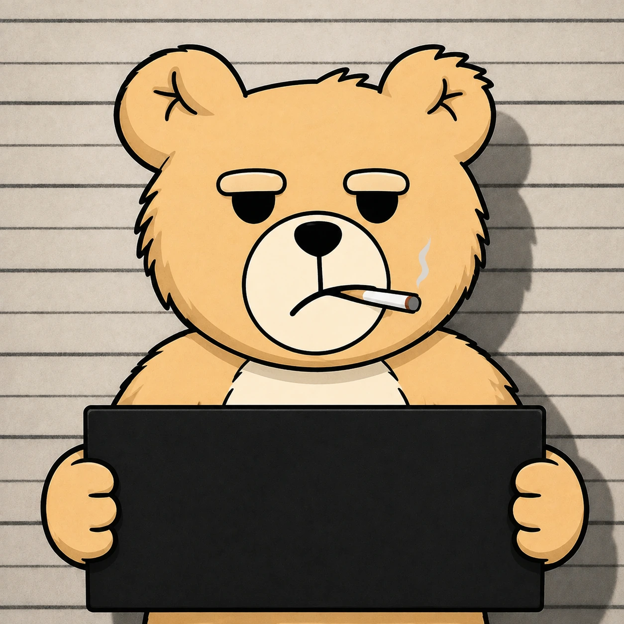 Police booking portrait of Teddy: an unimpressed peach bear with an ivory muzzle and a short white cigarette, holding a black identification board with both paws.