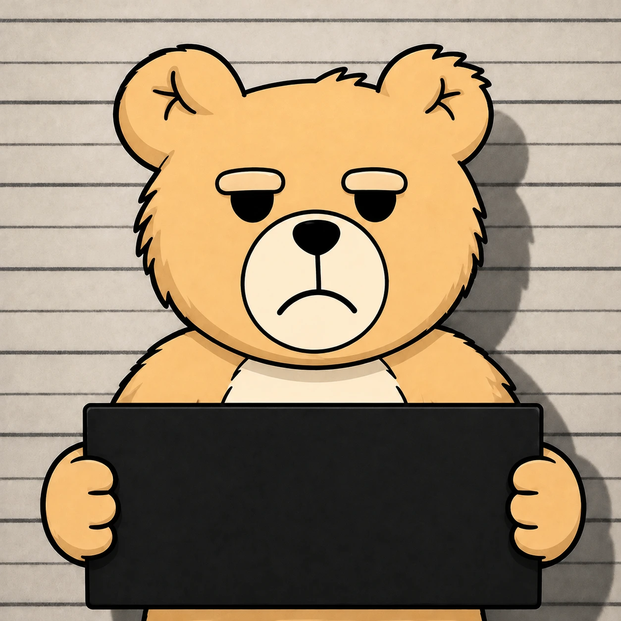 Police booking portrait of Teddy: an unimpressed peach bear with an ivory muzzle holding a black identification board with both paws.